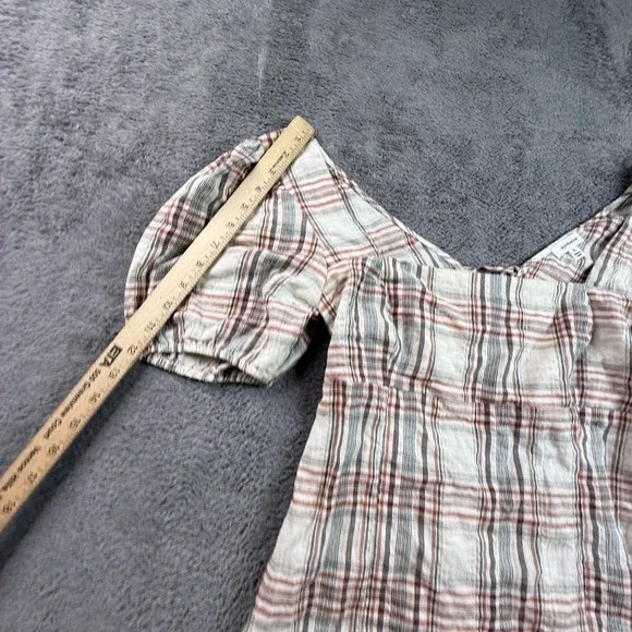 Eyeshadow NEW XL Plaid Mini Dress Puff Sleeve Lace Up Front Cotton CottageCore - Picture 5 of 7